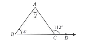 In the given figure , x: y = 3 :4 and angle ACD =112^(@) .The value of x is