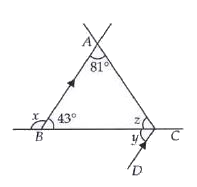 In the figure , find the values of the angles x , y and z respectively .