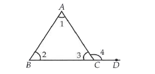 If a side of a triangle is produced then the exterior angle so formed is equal to the sum of the two interior opposite angles ,i.e ., angle1+ angle 2= angle 4       On side of a triangle is produced and the exterior angle so formed is 120^(@) .if the interior opposite angles are in the ratio 3:5 , find the measure of each angle of teh the triangle .