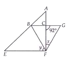 In the given figure ( not drawn to scale ) , if EFA is a right -angled triangle with angle EFA = 90^(@) and FGB is an equilateral triangle , then find the value of y - 2x