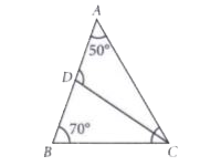 In triangleABC, angleA = 50^(@), angleB = 70^(@) and bisector of angleC meets AB in D (see figure). Find the measure of angleADC.