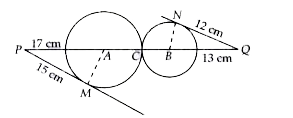 In figure, two circles with centres A and B touch each other externally. PM= 15 cm is tangent to circle with centre A and QN= 12 cm is tangent to circle with centre B from external point Q. If PA= 17 cm and BQ= 13 cm, then the distance between the centres A and B of circles is