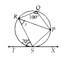 If sum of a pair of opposite angles of a quadrilateral inscribed in a circle is 180^@, then quadrilateral is called cyclic quadrilateral.   In the figure, ST is a tangent to the circle at S and PQRS is a cyclic quadrilateral, then the value of n is