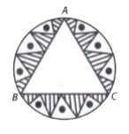 In a circular tabel cover of radius 32 cm, a design is formed leaving an equilateral triangle ABC in the middle as shown in figure. Find the area fo the design.