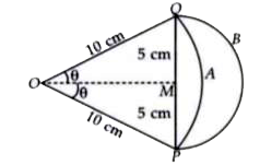 Figure shows two arcs, A and B. Arc A is part of the circle with centre O and radius OP. Arc B is part of the circle with centre M and radius PM, where M is the mid-point of PQ. The area enclosed by the two arcs is equal to