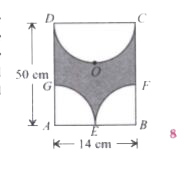 Find the area fo the shaded portion in the given figure, if E is the midpoint of AB, AGE and BEF are quadrants  and DOC is a semicircle.