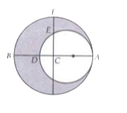 In figure, a crescent is formed by two circles which touch at A. C is the centre of the larger circle. The width fo the crescent at BD is 9 cm and at EF it is 5 cm. Find :      i) the radii of two circles   ii) the area fo the shaded region. (