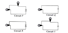 There are four different circuits with bulbs(identical) and batteries as shown here .         In which circuit  will the bulb (s) be the brightest ?