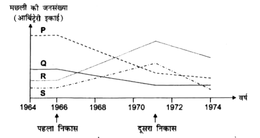 किसी नदी में मछलियों की चार प्रजातियों P, Q, R एवं S की समष्टियों पर औद्योगिकीरण के प्रभाव के अध्ययन को दस वर्षों की अवधि तक सम्पन्न किया गया। नीचे दिए गए ग्राफ में इन वर्षों में उनकी जनसंख्या में हुए परिवर्तन को दर्शाया गया है। 1966 में, इसके निकट एक न्यूक्लियर पॉवर प्लाण्ट को बनाया गया तथा इसके कूलिंग रीएक्टर से गर्म जल को नदी में विसर्जित किया गया। 1971 में, इसके निकट ही एक मेटल फैब्रिकेशन फैक्ट्री को बनाया गया जिससे निकले व्यर्थ रसायन नदी में मिलते थे। इस अध्ययन के बारे में कौन-सा कथन गलत है?