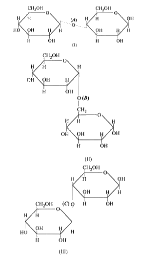 तीन संरचनाएँ नीचे दी गई हैं जिसमें दो ग्लूकोज़ इकाइयाँ जुड़ी है | ग्लूकोज  इकाइयो  के मध्य  इन लीकेजेज दो  (linkages)  में  से कौन - सी  C - 1  एव  C-4  के मध्य  होता  है  तथा  कौन - सी लिकेजेज C -1  एव  C-4  के मध्य  होती है तथा  कौन - सी  लिकेजेज   C -1  एव  C - 6   के मध्य  होती है |