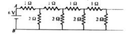 प्रतिरोधों का एक अनंत सीढ़ी नेटवर्क चित्रानुसार 1Omega  एवं 2Omega  प्रतिरोध से निर्मित है। A व B के मध्य 6 V बैटरी का आन्तरिक प्रतिरोध नगण्य है। A एवं B के मध्य तुल्य प्रतिरोध ज्ञात कीजिए।