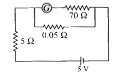 दिये गये परिपथ में, 70Omega के प्रतिरोध के साथ एक धारामापी को 0.05Omega के शंट प्रतिरोध द्वारा अमीटर में परिवर्तित किया जाता है, तो इस युक्ति द्वारा मापी गई कुल धारा क्या है?