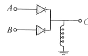नीचे दिए गए परिपथ में, A एवं B दो निवेशियों को प्रदर्शित करते हैं तथा C निर्गत को प्रदर्शित करता है। परिपथ क्या प्रदर्शित करता है?