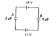 दो संधारित्रों A(2muF) एवं B(5muF) को चित्रानुसार दो बैटरियों से जोड़ा जाता है, तो A की प्लेटों के मध्य वोल्ट में विभवान्तर है-