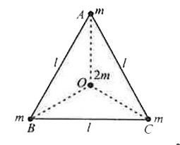 प्रत्येक m द्रव्यमान के तीन द्रव्यमानों को चित्र के अनुसार l भुजा वाले एक समबाहु त्रिभुज ABC के शीर्ष पर स्थित किया गया है, तो त्रिभुज के केन्द्रक O पर स्थित द्रव्यमान 2m पर कार्यरत बल है-