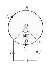 A cell is connected between the  points A and Cofa circular conductor ABCDA of centre O.  angleAOC=60^(@). If B(1), and B(2), are the magnitudes of the magnetic fields at O due to currents in ABC and ADC respectively, the ratio B(1)