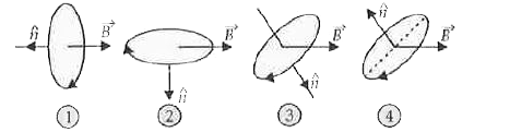 A current carrying loop is placed in a uniform magnetic  field in four different orientations as shown in figure. Arrange them in the decreasing order of potential energy.