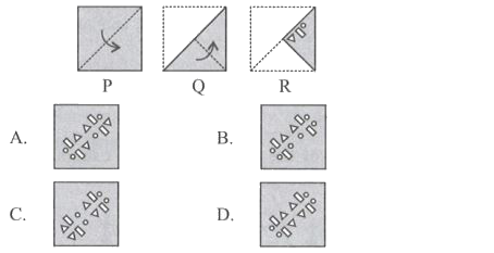 The question consists of a set of three figures P, Q and R showing a sequence of folding a piece of paper. Fig. (R) shows the manner in which the folded paper has been cut. Select the figure from the options which would most closely resembles the unfolded form of Fig. (R).