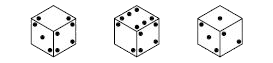 Three positions of a dice are shown below. Find the number of dots on the face opposite to the face bearing 3 dots.