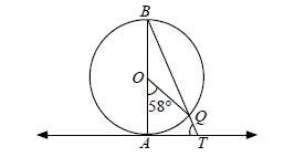 In the given figure, AB is a diameter of a circle with centre O, AT is a tangent and lt AOQ = 58^(@), then find lt ATQ .
