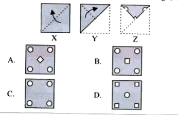 The question consists ofa set of three figures X, Yand Z showing a sequence of folding of a piece of paper. Fig. (Z) shows the manner in which the folded paper has been cut. Select a figure from the options which would most closely resemble the unfolded form of Fig. (Z).