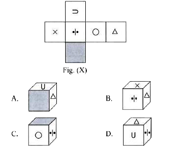 The sheet of a paper shown in Fig. (X) is folded to form a cube. Select the figure from the options that is similar to the cube formed by folding the given sheet.