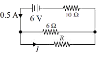 A battery of 6 V is connected in series to a 10 Omega resistor and a parallel combination of resistors of resistance 6 Omega and R. The battery delivers a current of 0.5 A to circuit as shown. What are the values of the unknown current l and the resistance R?