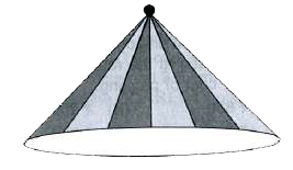 A conical tent is made by stitching 12 triangular pieces of cloth of two different colours as shown in the given figure. Each piece measuring 11 m, 11 m and 6 m. How much cloth of each colour is required for the conical tent?