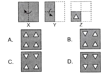 A set of three figures X, Y and Z showing a sequence of folding of a piece of paper is given. Fig. (Z) shows the manner in which the folded paper has been cut. Select the figure from the options which shows the unfolded from of fig. (Z)   X