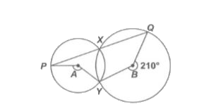 In the given figure, A and B are the centres of two circles that intersect at X and Y. PXQ is a straight line. If reflex angle QBY = 210^@, then find obtuse angle PAY.