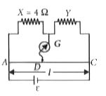 Figure shows a meter bridge,  wire AC has uniform cross section. The length of wire AC is 100 cm X is a standard do resistor of 4 Omega and Y is a coil.  When Y is immersed in melting ice, the null point is at 40 cm from point A. When the coil Y is heated to 100^@C, a 100 Omega resistor has to be connected in parallel with Y in order to keep the bridge balanced at the same point. Temperature coefficient of resistance of the coil is