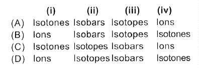 Read the given passage and fill in the blanks by selecting an appropriate option. (i)  are formed by loss or gain of electrons by atoms. (ii)  have same mass number but different atomic numbers. (iii)  have same atomic number but different mass numbers while  (iv)  have same number of neutrons, different atomic numbers and different mass numbers.