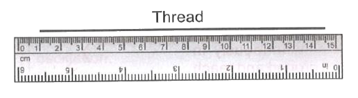 A piece of thread folded 6 times is placed along a 15 cm long measuring scale as shown in the figure. The length of the thread lie between