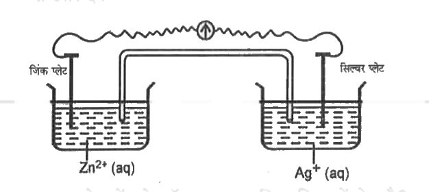 दिये गये चित्र की सहायता से प्रश्न (1) से प्रश्न (vi) तक के उत्तर दें।     (i) सेल में इलेक्ट्रॉन का प्रवाह किस दिशा में होता है? (ii) सिल्वर प्लेट ऐनोड का काम करेगा या कैथोड का?  (iii) क्या होगा जब लवण सेतु को हटा दिया जाये?  (iv) सेल काम करना कब बन्द कर देगा? (v) यदि सेल काम करे तो Ag^(+) आयन तथा Zn^(2+) आयनों की सान्द्रता पर क्या प्रभाव पड़ेगा? (vi) सेल के खत्म (dead) हो जाने पर Zn^(2+) आयनों तथा Ag^(+) आयनों की सान्द्रता पर क्या प्रभाव पड़ेगा ?
