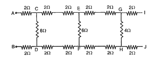 चित्र  में प्रदर्शित  Aपरिपथ  में बिन्दुओं A वB  के बीच  तुल्य  प्रतिरोध  ज्ञात कीजिए।  । यदि 4ओम  के  प्रतिरोध में 1A   की धारा बह  रही हो तो  A व B  के बीच  विभवान्तर  ज्ञात कीजिए।