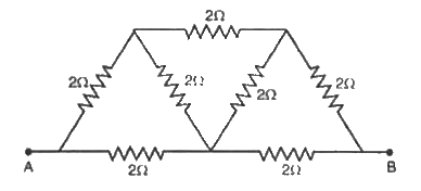 चित्र में प्रदर्शित  नेटवर्क  का बिन्दुओं  A व B  के मध्य  प्रतिरोध  ज्ञात  कीजिए।