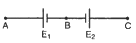 E(1) व E(2)(E(1) gt E(2)) वि. वा. बलों वाली दो सेलें चित्र की भाँति जोड़ी जाती हैं। जब एक विभवमापी A व B के मध्य जोड़ा जाता है, तो सन्तुलन लम्बाई 300 cm प्राप्त होती है। जब विभवमापी को A व C के मध्य जोड़ते हैं तो सन्तुलन लम्बाई 100 cm प्राप्त होती है। दोनों सेलों के वि. वा. बलों के अनुपात की गणना कीजिए।
