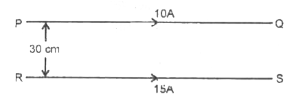 चित्र में प्रदर्शित दो समान्तर  तारो PQ  एवं  RS के  बीच के लम्बवत दूरी  30 cm है | तारो में 10 A व  15 A की विषयुक्त  धाराएँ एक ही दिशा  में  प्रवाहित हो रही  है  | तारो  की 5m  लम्बाई पर  लगने वाले की गणना  कीजिये  | यह बल किस प्रकार होगा  ?