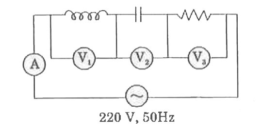 चित्र में दिखाए गए परिपथ में प्रत्येक वोल्ट मिटर V(1) व V(2) का मान 300 V है , तो वोल्ट मिटर V(3) तथा अमीटर A का मान क्या होगा ?