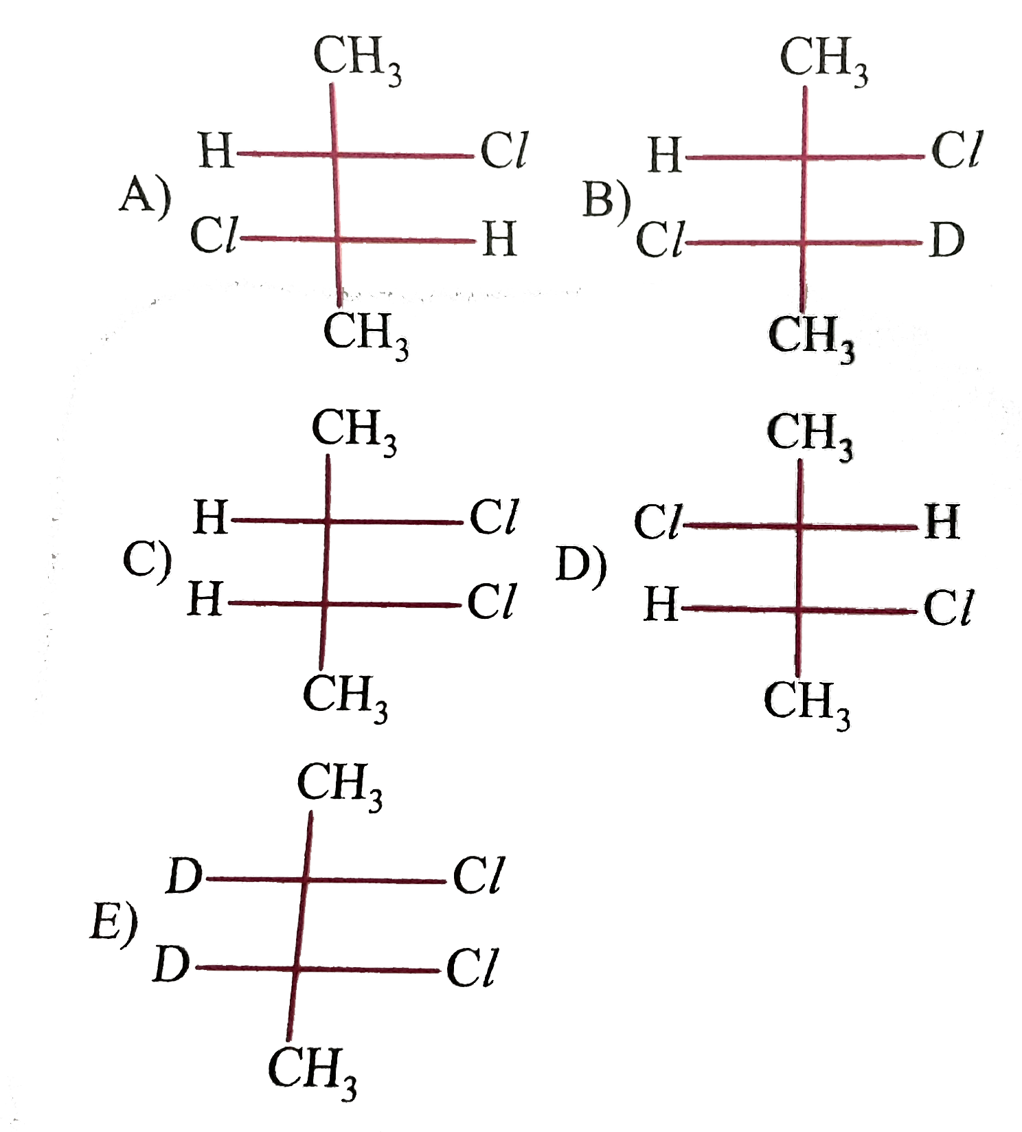 An organic compound having a carbon attached to four different group is optically actve, But is it that opposite is also true? That is, do all optically active organic compounds have chiral carbons? Not necessarily. Presence or absence of chiral centre is not the sufficiet criterion for optical activity. The ultimate criterion is presence or abosence of either plane or centre of symmtry. Two compounds which are non super im[osabble mirror images of each other are called enantiomers. If a compound contains more than one chiral carbon, new words are required to describe the relationship between various stereo isomers of the compounds. Those words are diastereomers and mesomers.   Which of the following form diastereomeric pair?