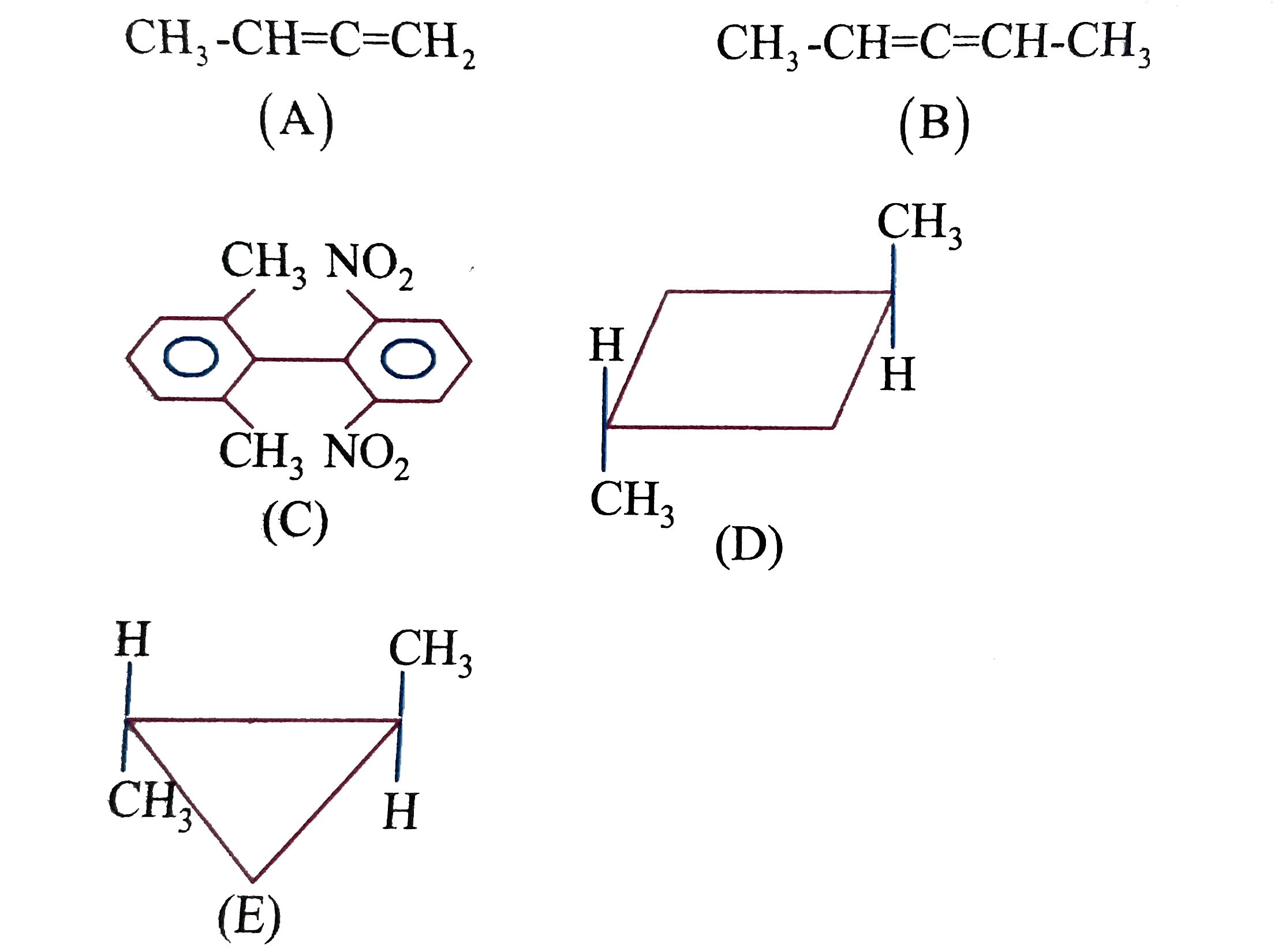 An organic compound having a carbon attached to four different group is optically actve, But is it that opposite is also true? That is, do all optically active organic compounds have chiral carbons? Not necessarily. Presence or absence of chiral centre is not the sufficiet criterion for optical activity. The ultimate criterion is presence or abosence of either plane or centre of symmtry. Two compounds which are non super im[osabble mirror images of each other are called enantiomers. If a compound contains more than one chiral carbon, new words are required to describe the relationship between various stereo isomers of the compounds. Those words are diastereomers and mesomers.   Optically active compounds among the following is/are