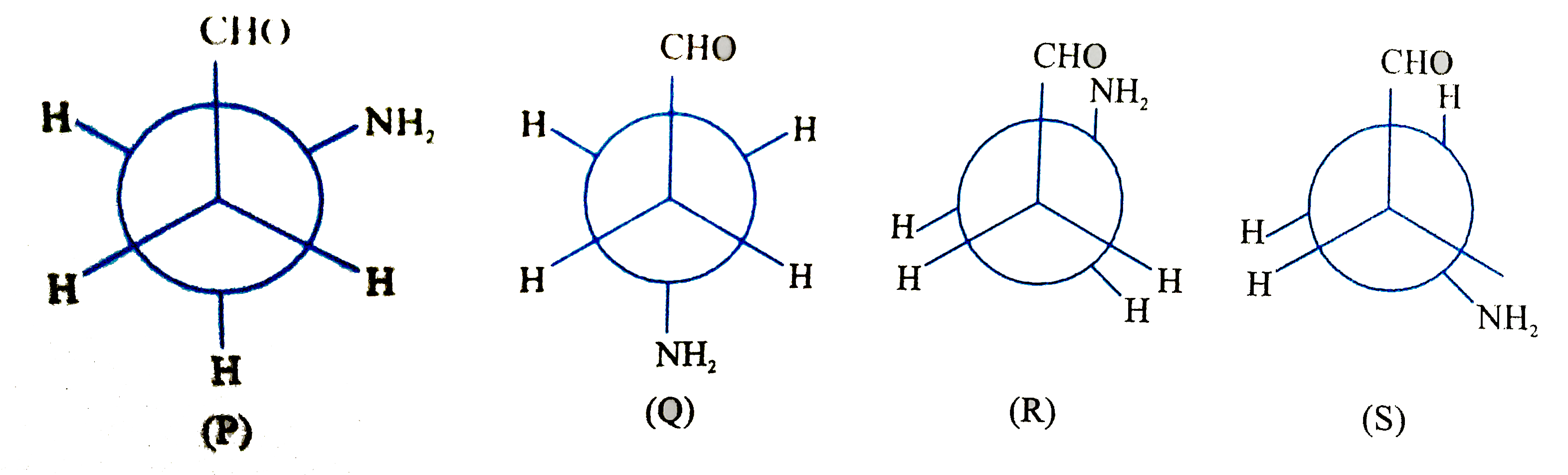 Consider the following conformation of 3-Aminopropanal  Amongst the above conformation (P,Q,R,S) one of tehem is most stable This can be attributed due to