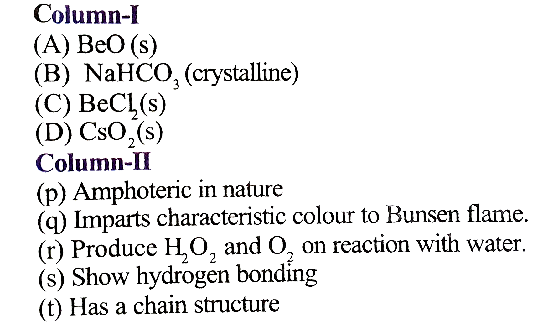 Match the compounds listed in column -I with the characteristic(s) listed in column-II.