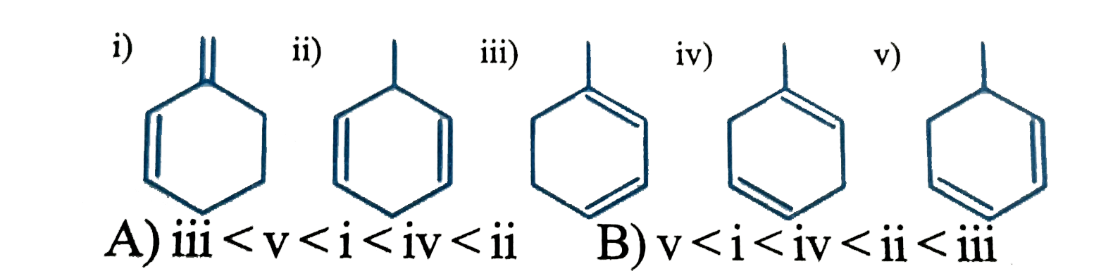 Arrange in increasing order of heat of hydrogenation of following dienes.