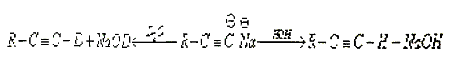 Terminal alkyne is very weak acid, it forms salt with very strong base such as NaNH(2) and sodium metal.   R-C-=C-Hunderset(NH(3)(l))overset(NaNH(2))toR-C-=overset(ө)(C)overset(o+)(N)a+(1)/(2)H(2)   Sodium salt of alkyne is known as shown alkynide. sodium alkynide is hydrolysed with water because it is salt.         Sodium salt behaves as nucleophile as well as strong base. for P-alkyl halides it behaves as a cucleophile. thus primary alkylhalides gives SN reaction halids it behaves as strong base hence they undergo elimination reaction.   Q. R-CH(2)-C=ClIunderset(NH(3)(l))overset(Na)toPoverset(CH(3)-CH(2)Br)toR. R is