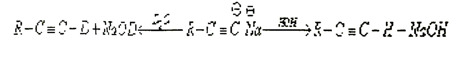 Terminal alkyne is very weak acid, it forms salt with very strong base such as NaNH(2) and sodium metal.   R-C-=C-Hunderset(NH(3)(l))overset(NaNH(2))toR-C-=overset(ө)(C)overset(o+)(N)a+(1)/(2)H(2)   Sodium salt of alkyne is known as shown alkynide. sodium alkynide is hydrolysed with water because it is salt.         Sodium salt behaves as nucleophile as well as strong base. for P-alkyl halides it behaves as a cucleophile. thus primary alkylhalides gives SN reaction halids it behaves as strong base hence they undergo elimination reaction.   Q. CH(3)-overset(Br)overset(|)(C)H-underset(Br)underset(|)(C)H(2)underset((ii)NaNH(3)Delta)overset((i)C(2)H(3)ONa,Delta)toVunderset((ii)H(2)O)overset((i).CO(2))toW is