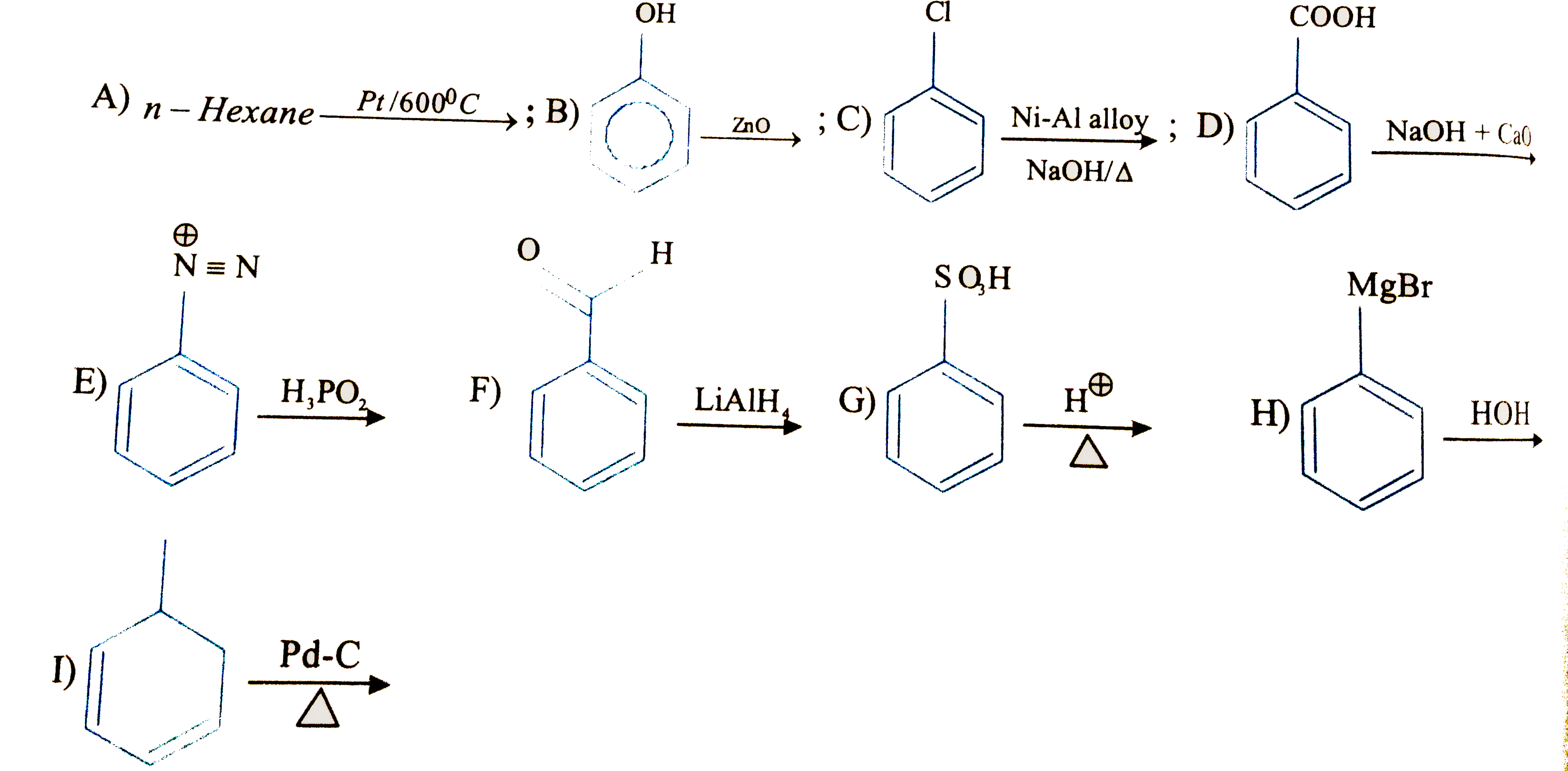 Identify number of reactions that can give benzene as major product.