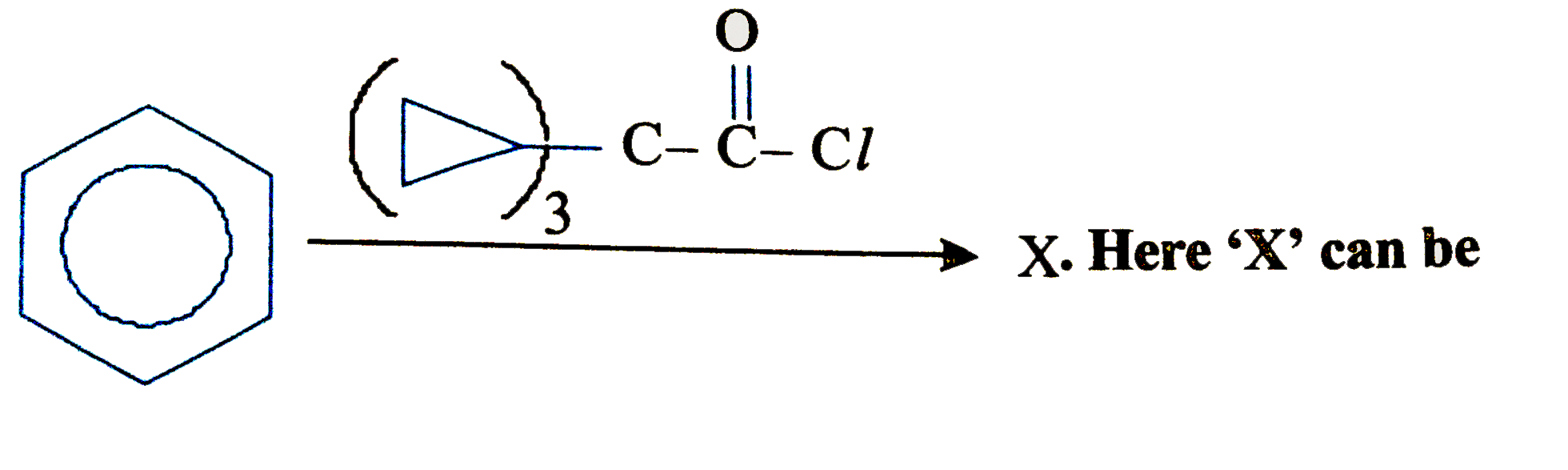 Benzene under goes electrophilic substitution reactions like nitration, sulphonation, halogenation, friedel crafts alkylation and friedel crafts acylation etc. . . Among these Friedel crafts alkylation and acylation are important, which are conducted in presence of lewis acid catalyst and suitable reagent.   Q.    Here 'X' can be