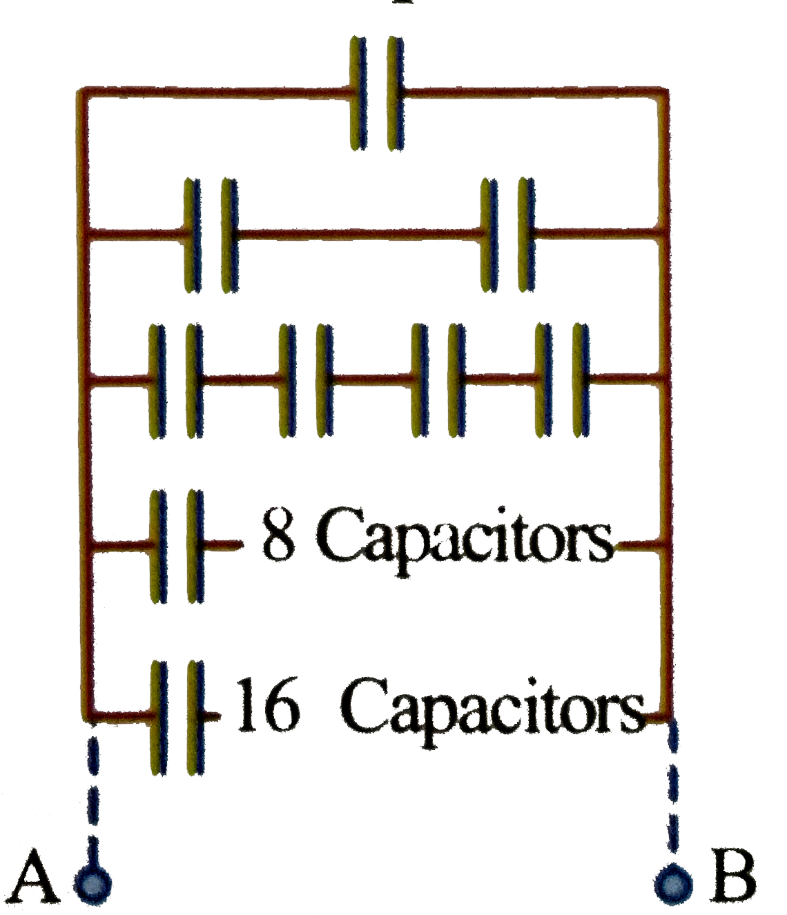 An infinite number of identical capacitors each of capacitance 1 mF are connected as shown in the figure. Then the equivalent capacitance between A and B is.   .