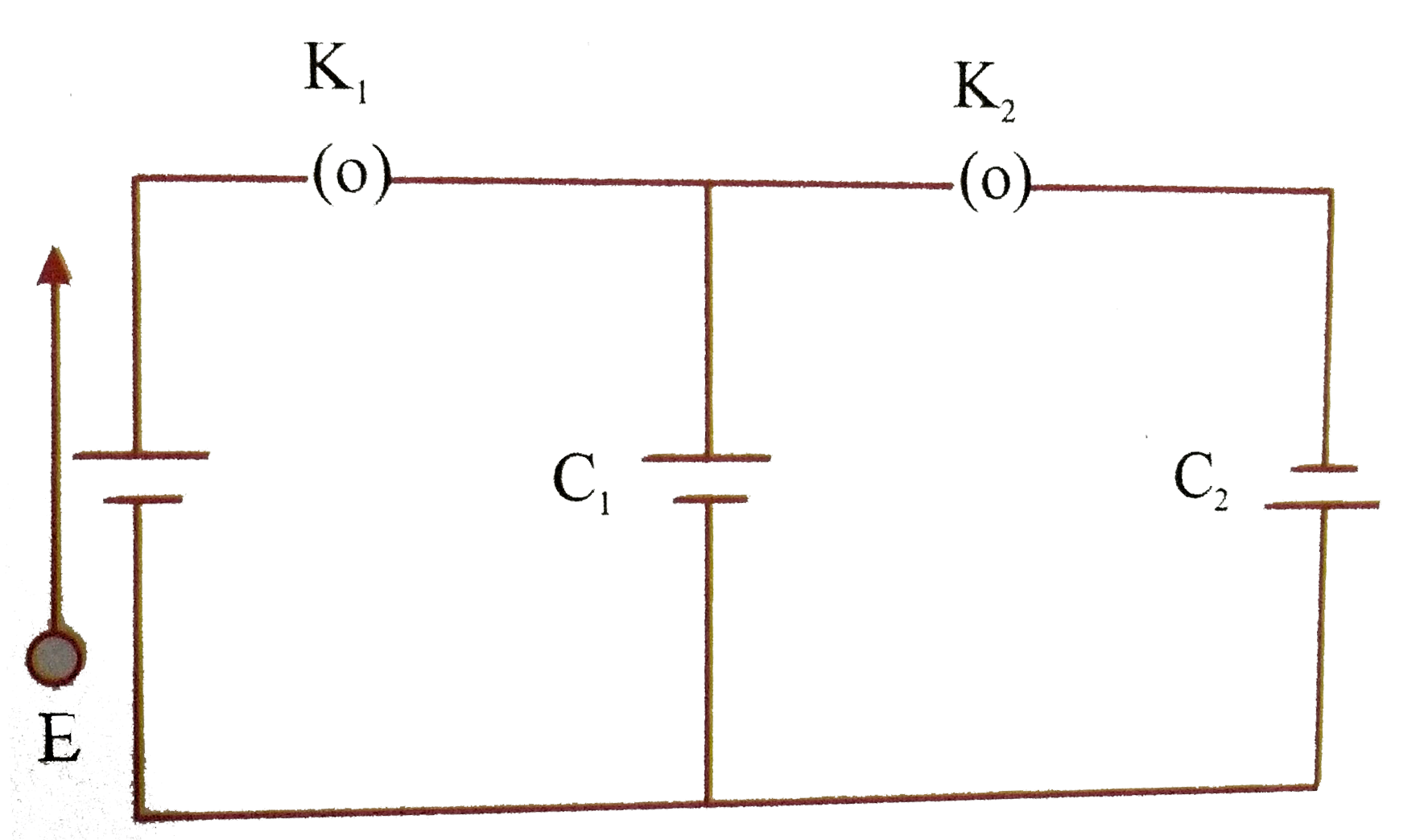 In the circuit shown in figure , initially key  K(1) is closed and key K(2) is open. Then K(1) is opened and K(2) is closed (order is important). [Take Q(1)^(') and Q(2)^(') as charges on C(1) and C(2) and V(1) and V(2) as voltage respectively].      Then